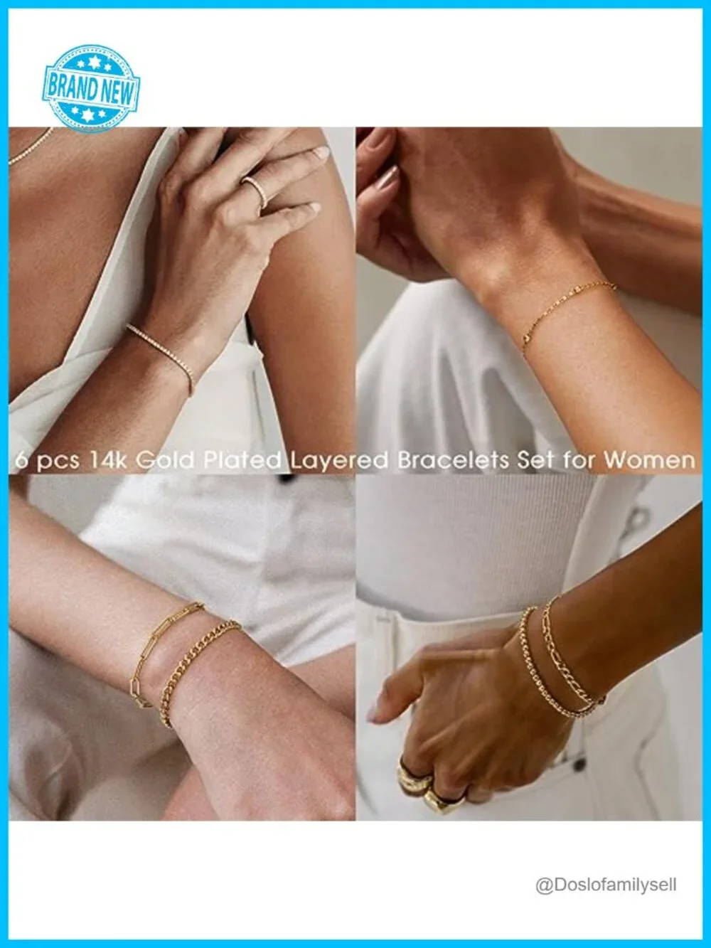 14K Gold Plated Stackable Bracelet Set Link Chain Charm Paperclip Cuban Layered